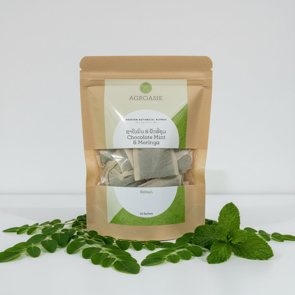 Agroasie tea packages with visible branding on a white background