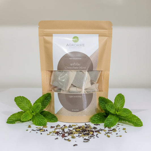 Agroasie tea bags in a clear packaging on a light background