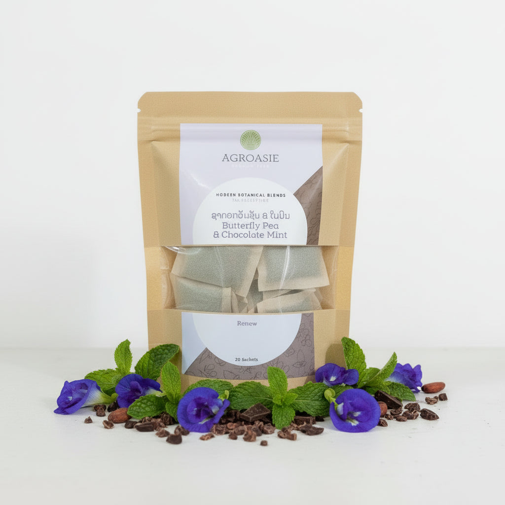 Agroasie butterfly pea and chocolate mint tea packages on a white surface