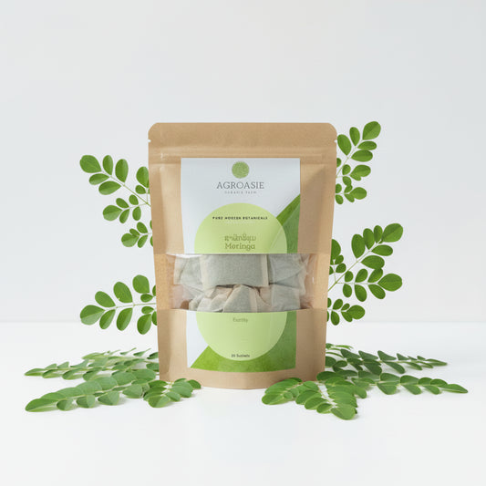Agroasie Moringa tea packages on a white surface