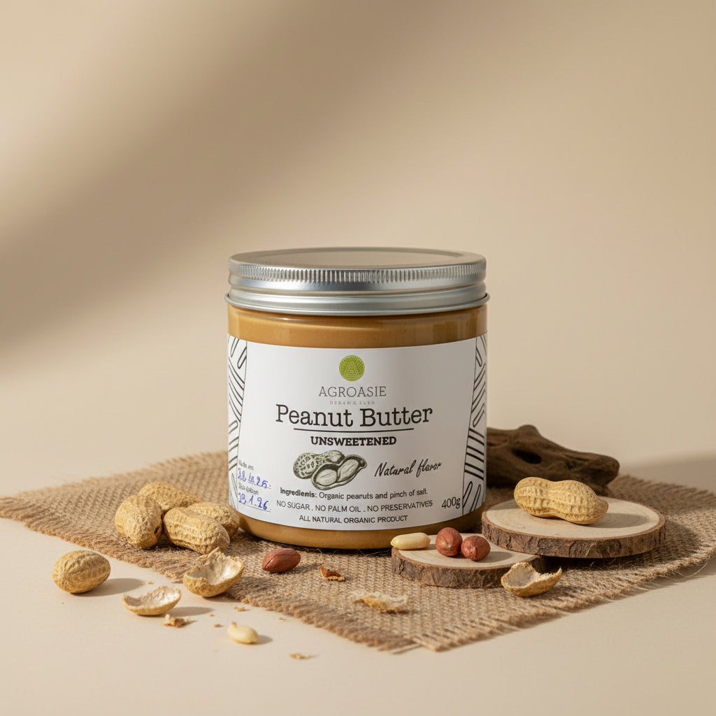 Jar of Agroasie peanut butter on a white background