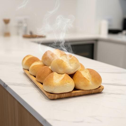 Wooden basket filled with round bread rolls on a reflective surface