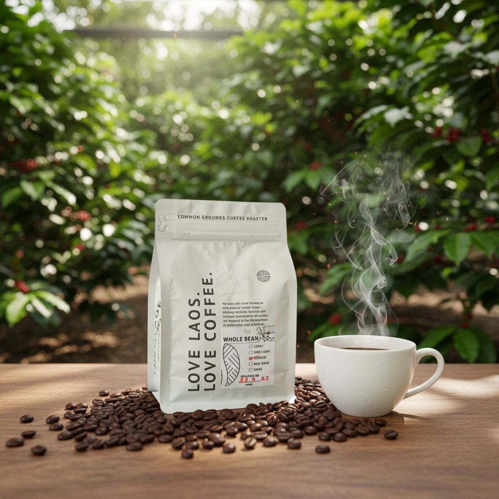 Coffee bag from Common Grounds Coffee Roaster on a counter with a blurred cafe background