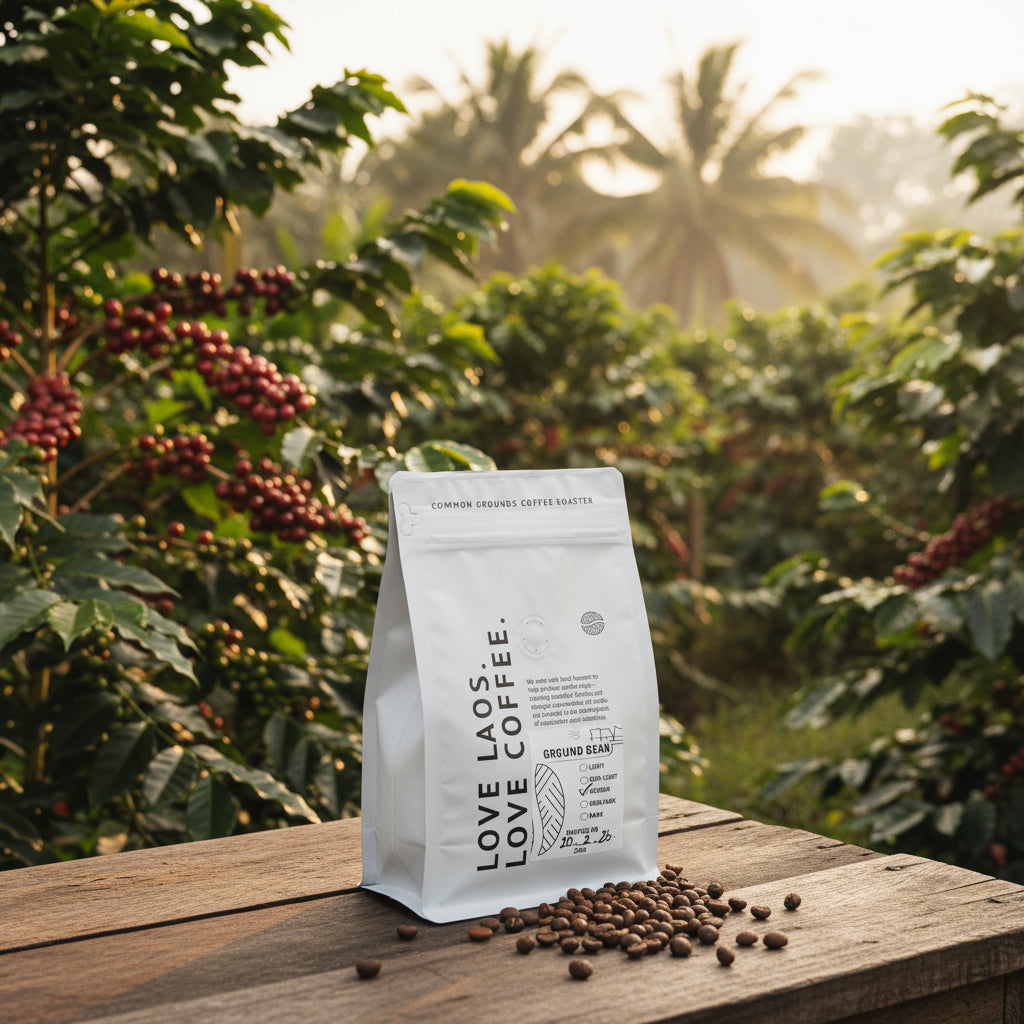 Coffee bag from Common Grounds Coffee Roaster on a white surface