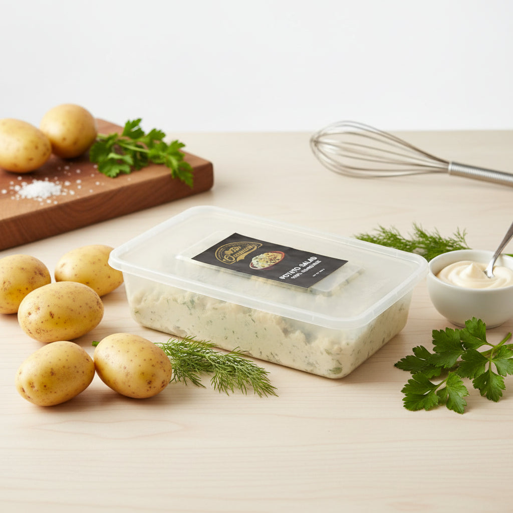 Container of cream cheese with herbs and potatoes on a wooden surface