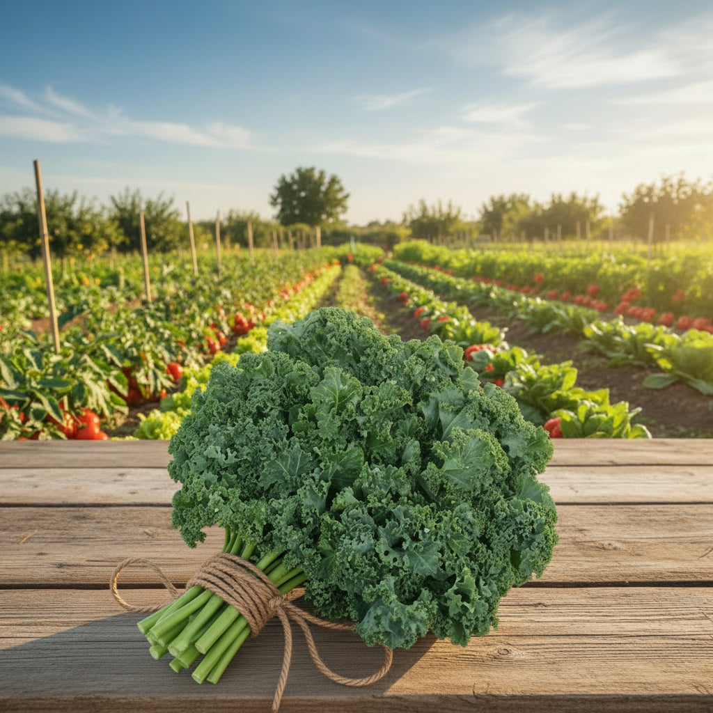 Basket of green kale leaves on a light blue background