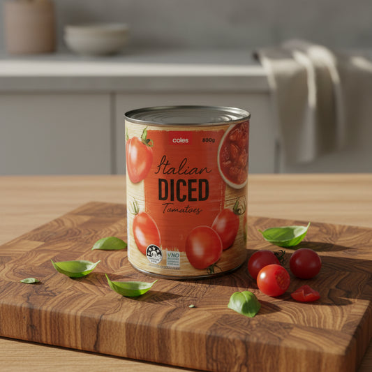 Can of Coles Italian Diced Tomatoes on a wooden surface with a white background