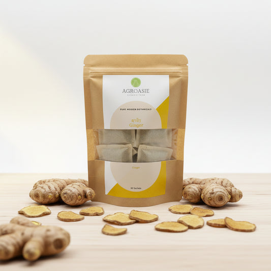 A kraft paper stand-up pouch of Agroasif Organic Farm Pure Modern Botanicals Ginger Sachets, showing the beige sachets through a clear window and a white and yellow label.