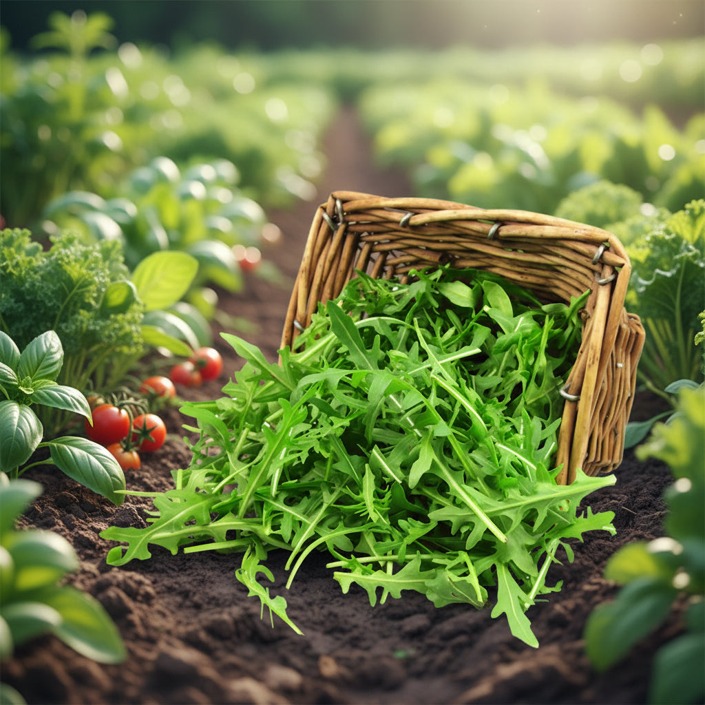 Wicker basket filled with fresh green arugula leaves on a white background