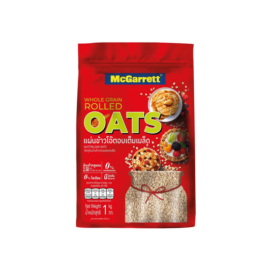 Red bag of McGarrett whole grain rolled oats on a white background