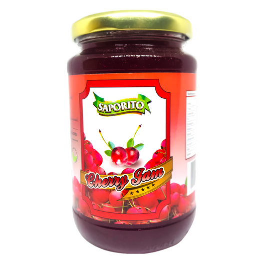 A jar of SAPORITO CHERRY JAM 450G with a label showing cherries and text, placed against a plain background.