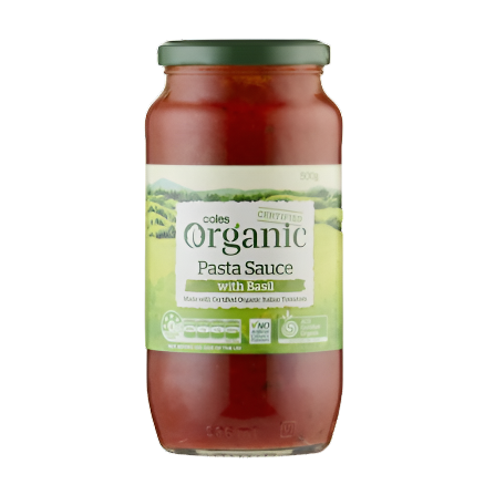 Jar of Coles Organic Pasta Sauce with Basil on a white background
