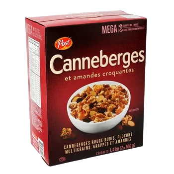 A box of Post Cranberry Almond Crunch Cereal featuring an image of the cereal with nuts and cranberries, and a bowl of the cereal on the front.