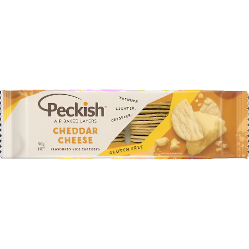 Packaging of Peckish Crackers Cheddar Cheese 90g showing the brand logo, product name, and an image of the cheese flavored rice crackers.
