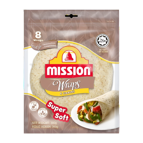 Mission wraps packaging with tortillas and a wrap filled with vegetables on a white background