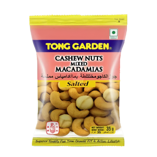 Packaged cashew nuts and macadamias with Tong Garden branding on a white background