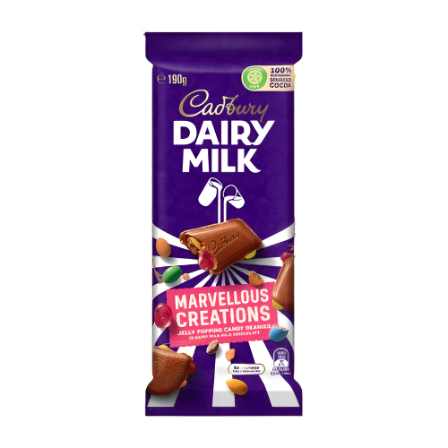 Cadbury Dairy Milk block featuring Marvellous Creations with multiple pieces of chocolate displayed on the front.