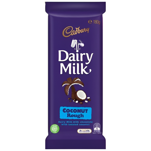 A Cadbury Dairy Milk block featuring Coconut Rough variant in an 180g packaging.