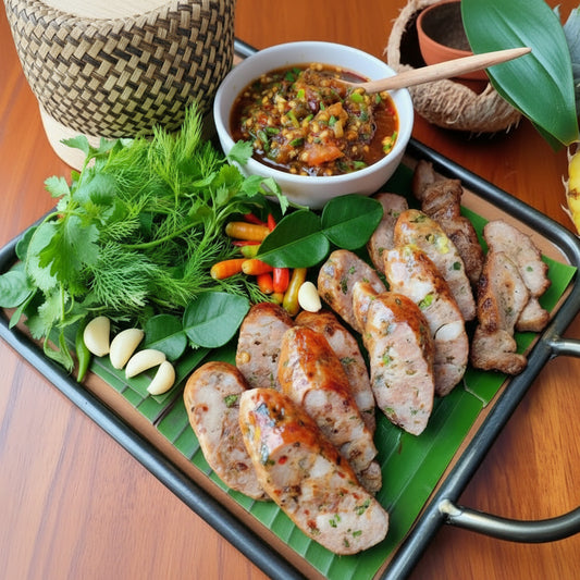 Sliced sausage on a platter with vegetables and a bowl of sauce on a wooden table.