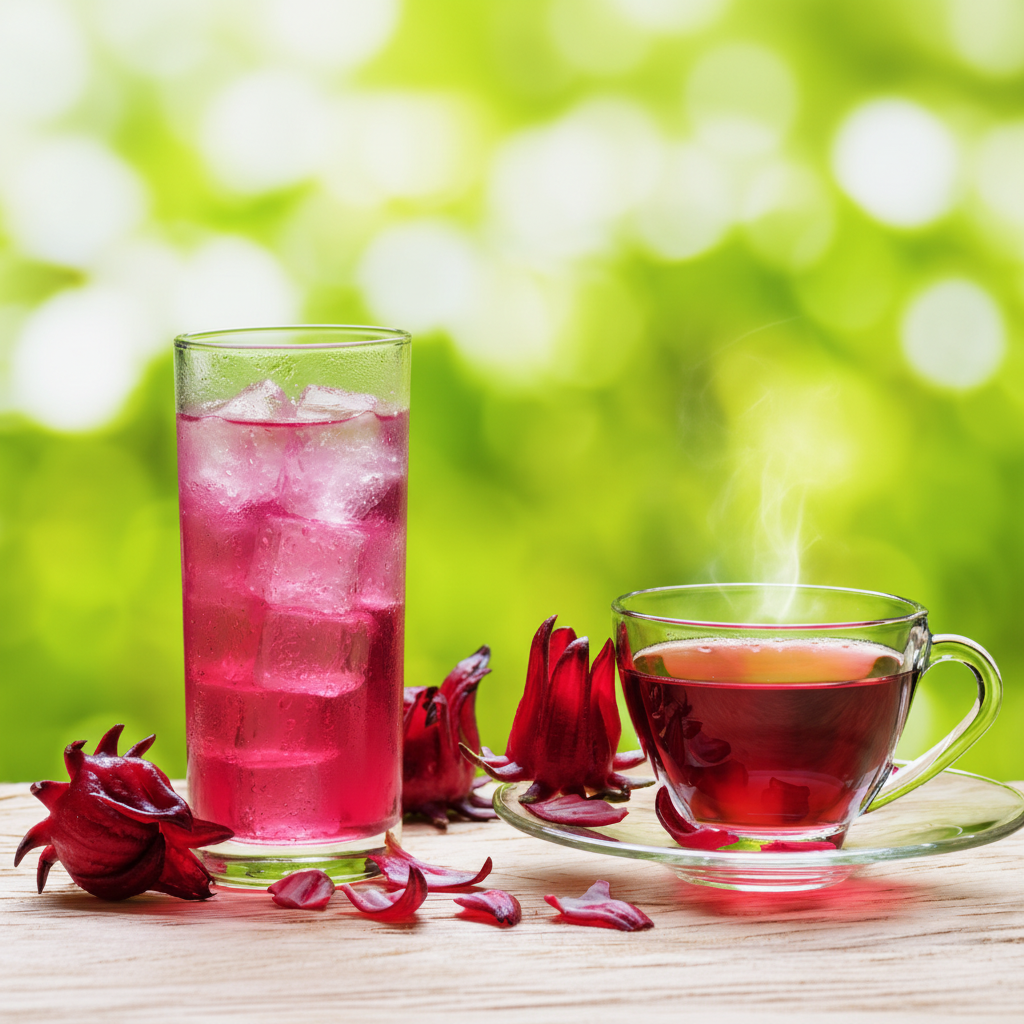Two glasses of red tea with hibiscus flowers on a wooden table against a green blurred background.