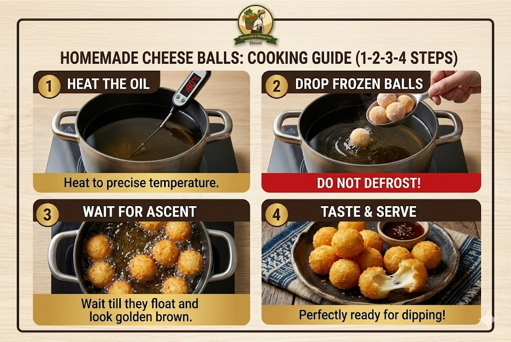 Step-by-step guide for making homemade cheese balls with cooking instructions.
