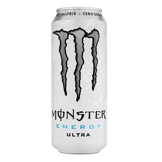 A can of Monster Energy Zero Ultra with a predominantly white design, featuring the Monster Energy logo in black and blue.