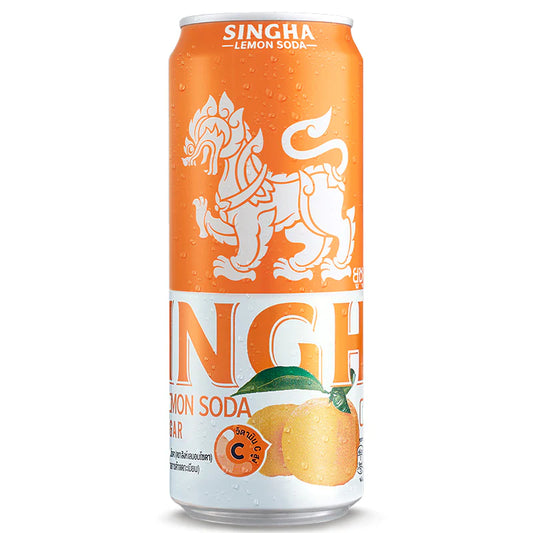 A can of Singha Yuzu Lemon Soda with a white lemon graphic and a red background.