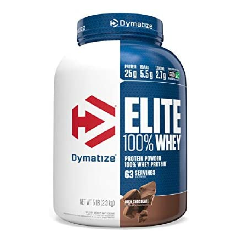 A container of Dymatize Elite 100% Whey Protein in Rich Chocolate flavor, with 6 servings per scoop and a net weight of 515g (1LB) 235g (5.5KG).