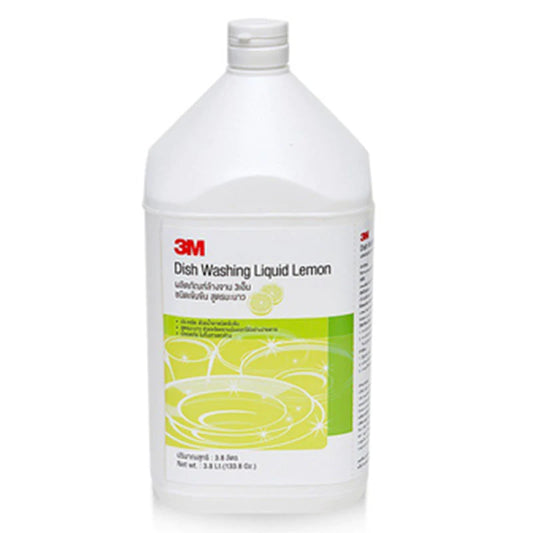 A bottle of 3M Dish Washing Liquid in lemon scent, with a capacity of 3.8 liters.