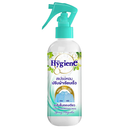 A bottle of Hygiene Quick Wrinkle Releaser Green Spray 220ml with a white and green label.