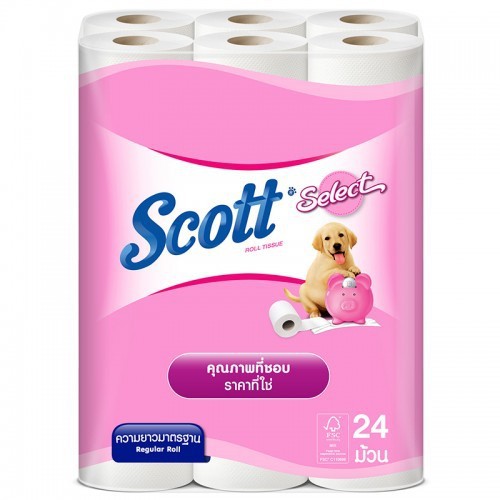 Pack of 24 rolls of Scott Select Tissue in pink color with packaging that includes an image of a dog and the brand name.
