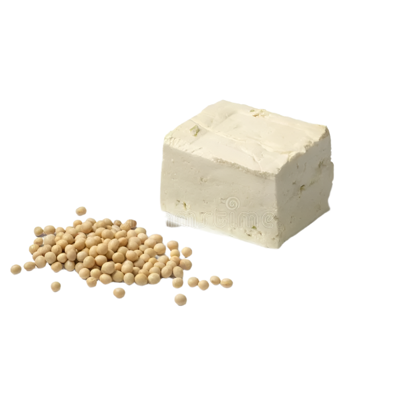 A block of fresh white tofu next to a small pile of cooked yellow peas on a white plate, isolated on a white background.