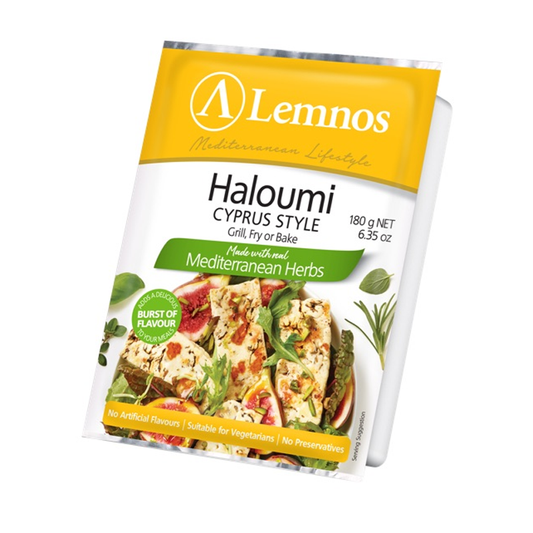 Packaging of Lemnos Haloumi Cyprus Style cheese, showing the product and its name, along with images of the cheese on a dish.