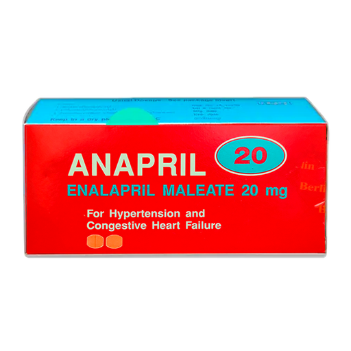Anapril 20 Enalapril Maleate 20 mg boxes of 10 blister. For Hypertension and Congestive Heart Failure
