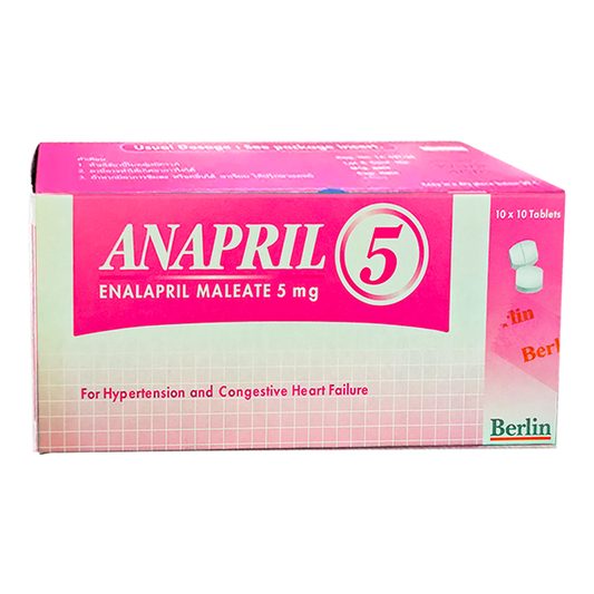 Anapril 5 Enalapril Maleate 5 mg ກ່ອງບັນຈຸ 100 ເມັດສໍາລັບຄວາມດັນເລືອດສູງແລະຫົວໃຈລົ້ມເຫຼວ.