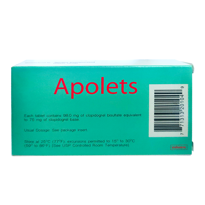 Apolets Clopidogrel bisulfate ທຽບເທົ່າກັບ 75 mg ຂອງ clopidogrel base boxes 30 ເມັດ.