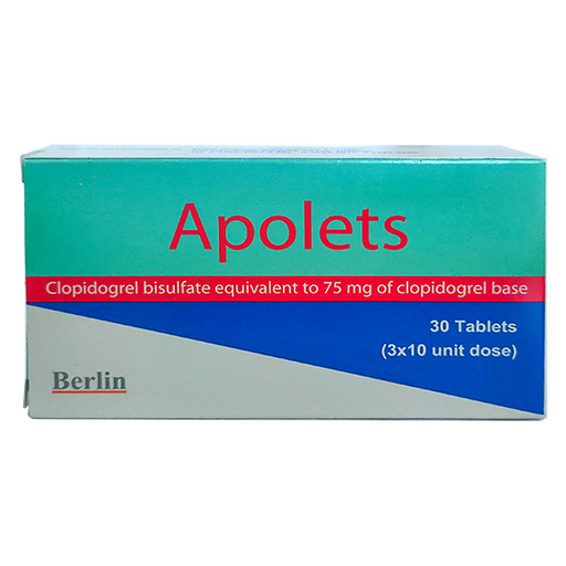 Apolets Clopidogrel bisulfate equivalent to 75 mg of clopidogrel base boxes of 30 tablets