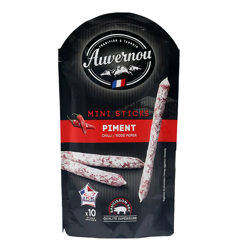 Packaging of Auvernou Mini Sticks Piment Chilli Red Pepper 100g showing the product name and image of the mini sticks.