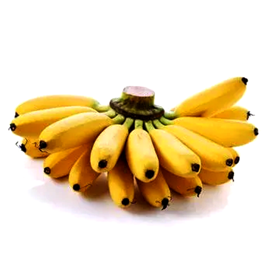 A bunch of yellow bananas with green stems, unpeeled, arranged in a circular pattern against a white background.