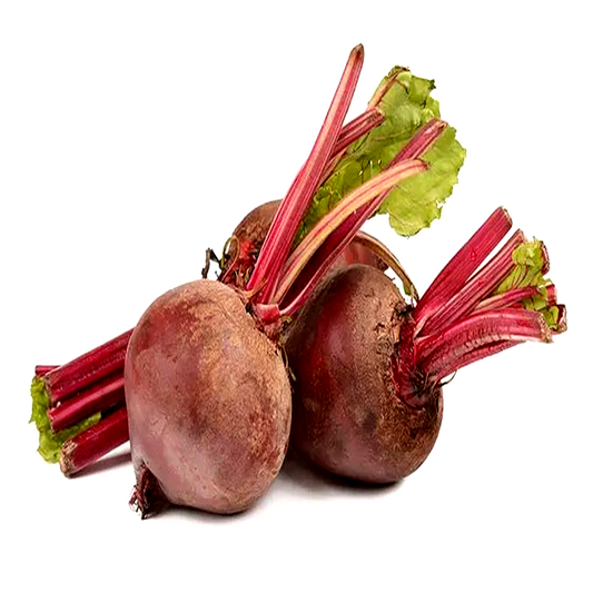 Two fresh whole beetroots with green stems on a white background.