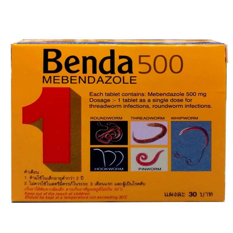 Benda 500 Mebendazole for threadworm infection, roundworm infections. Size 500ml boxes 1 tablet