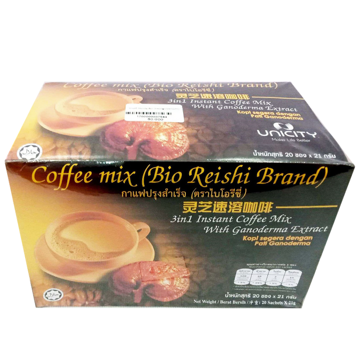 Bio Reishi Brand 3 in 1 Instant Coffee Mix with Ganoderma Extract Size 21g Box of 20sachets