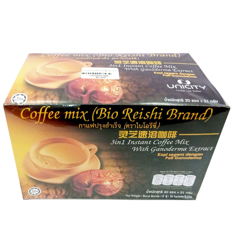 Bio Reishi Brand 3 in 1 Instant Coffee Mix with Ganoderma Extract Size 21g Box of 20sachets