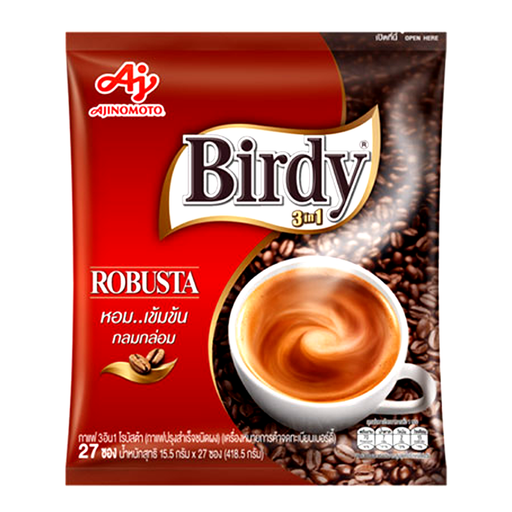 Birdy 3in1 Robusta Flavor Instant Coffee Powder ຂະໜາດ 13.2g ບັນຈຸ 27 ຊອງ