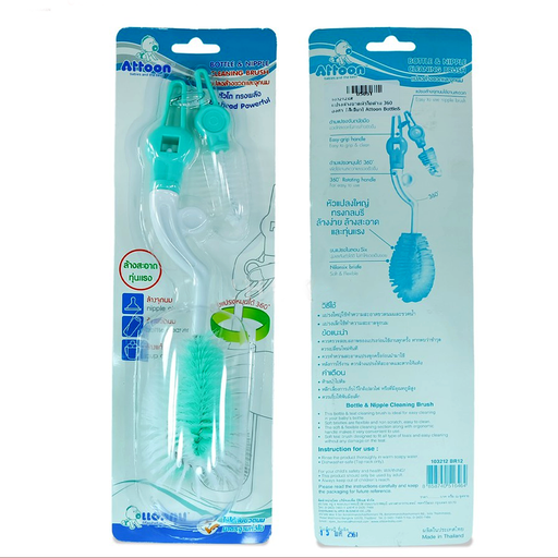 Attoon Bottle &amp; Nipple Cleaning Brush ຫົວໃຫຍ່ທີ່ມີປະສິດທິພາບຕໍ່ຊິ້ນ