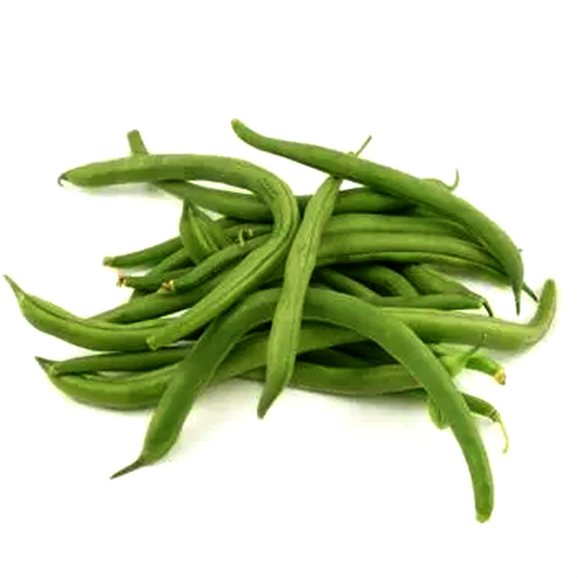 A pile of fresh green bush beans on a white background.