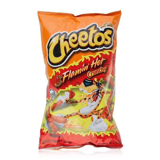 A bag of Cheetos Flamin' Hot Crunchy cereal. The packaging is predominantly orange with an illustration of a cheetah and flames, indicating the spicy flavor of the snack.