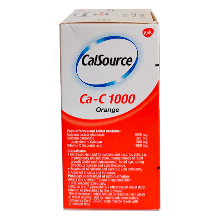 CalSource Ca-C 1000 Calcium 260 mg and Vitamin C 1000 mg Orange flavoured boxes of 10 effervescent tablets