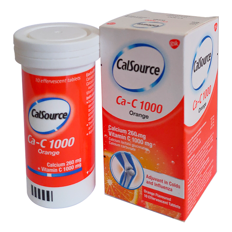 CalSource Ca-C 1000 Calcium 260 mg and Vitamin C 1000 mg Orange flavoured boxes of 10 effervescent tablets