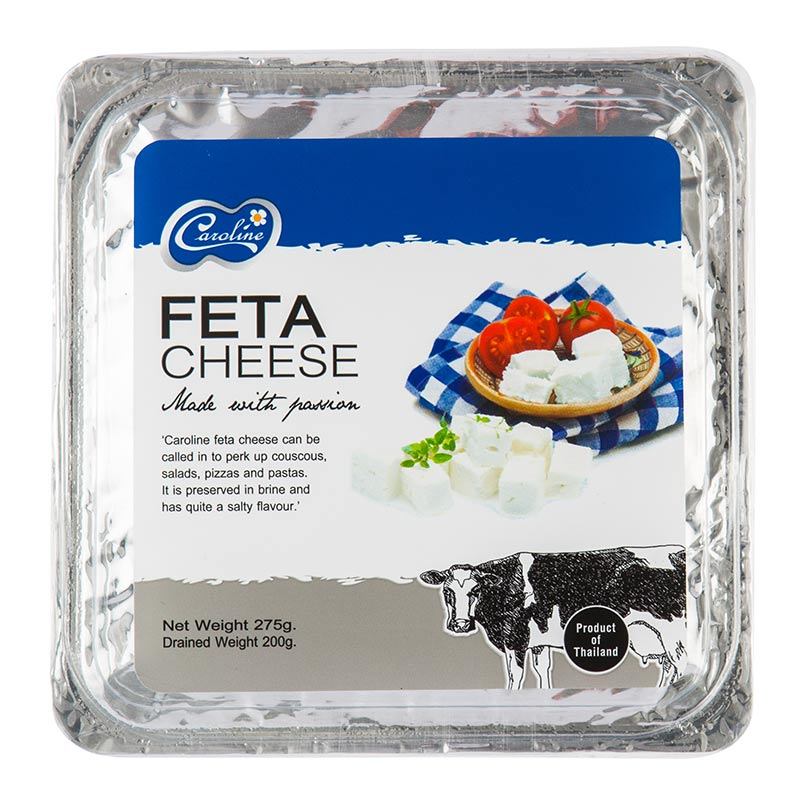 Packaging of Caroline Feta Cheese 275g with a clear window showing the cheese inside. The label displays the product name, weight, and an image of sheep's milk cheese.